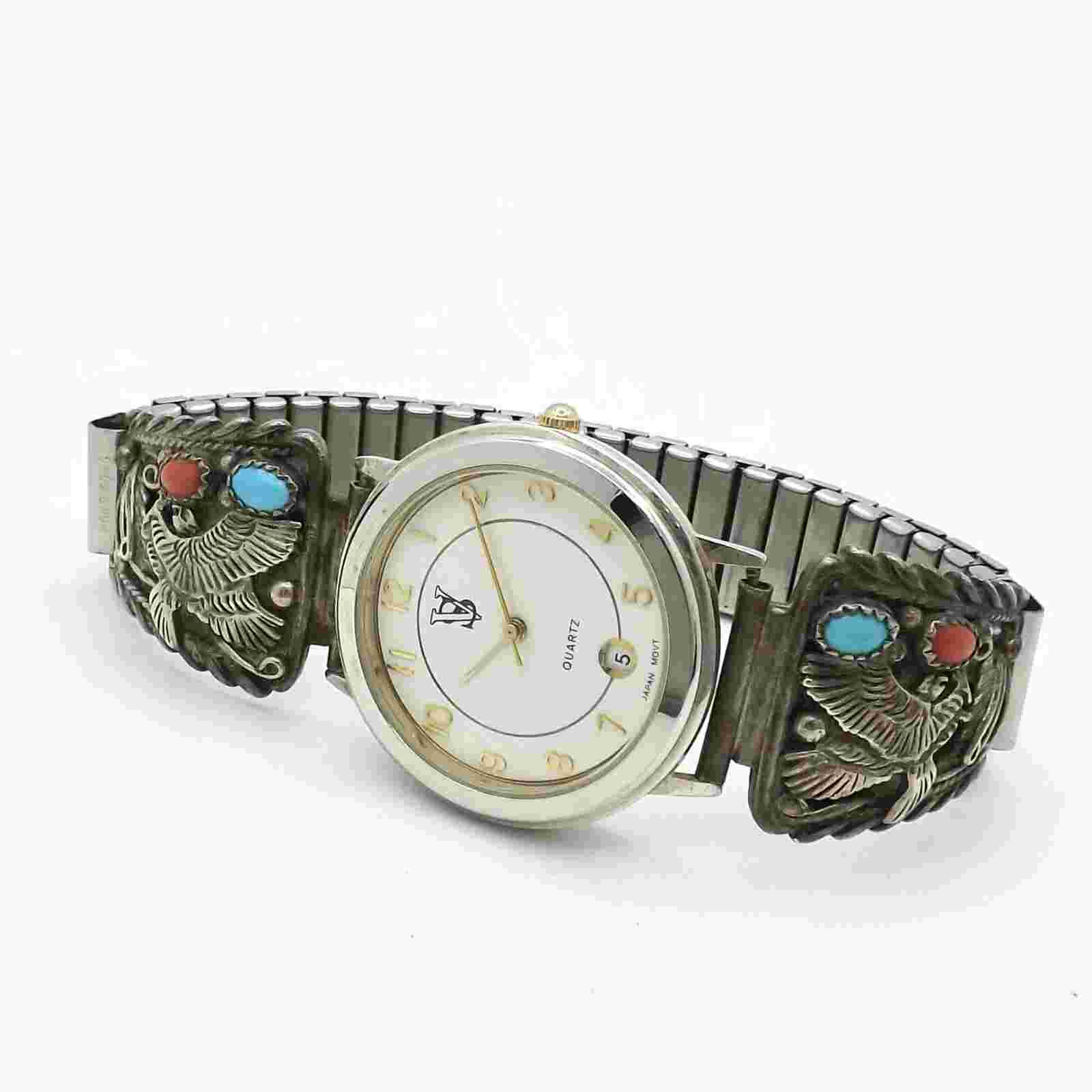 Silver Nugget Co Sterling Coral Turquoise Eagle Watch Tips Band Native American