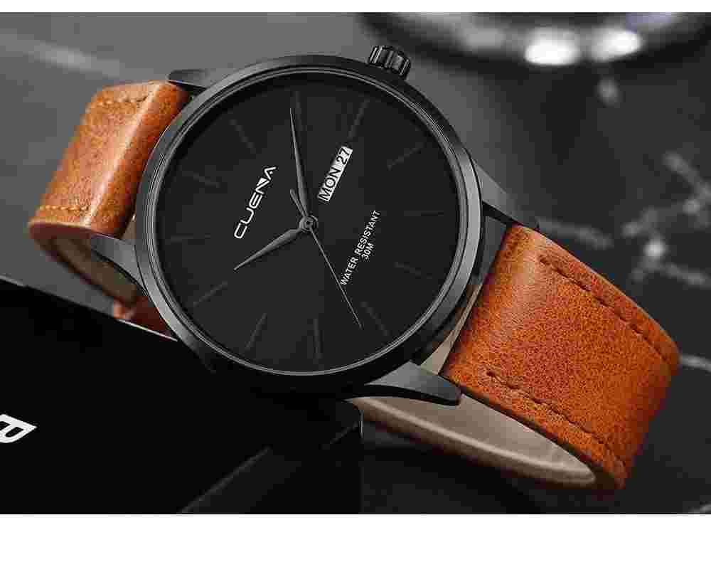 Cuena Luxury Men's Quartz Wrist Watch With Leather Band and Date Display