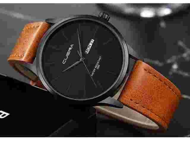 Cuena Luxury Men's Quartz Wrist Watch With Leather Band and Date Display