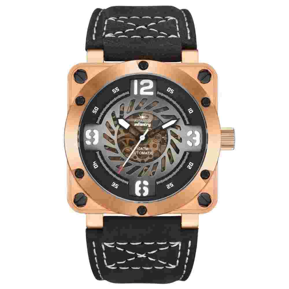 Infantry Aviateur The Skeleton Falcon Black Leather Men Watch AVR-003-SKL-02