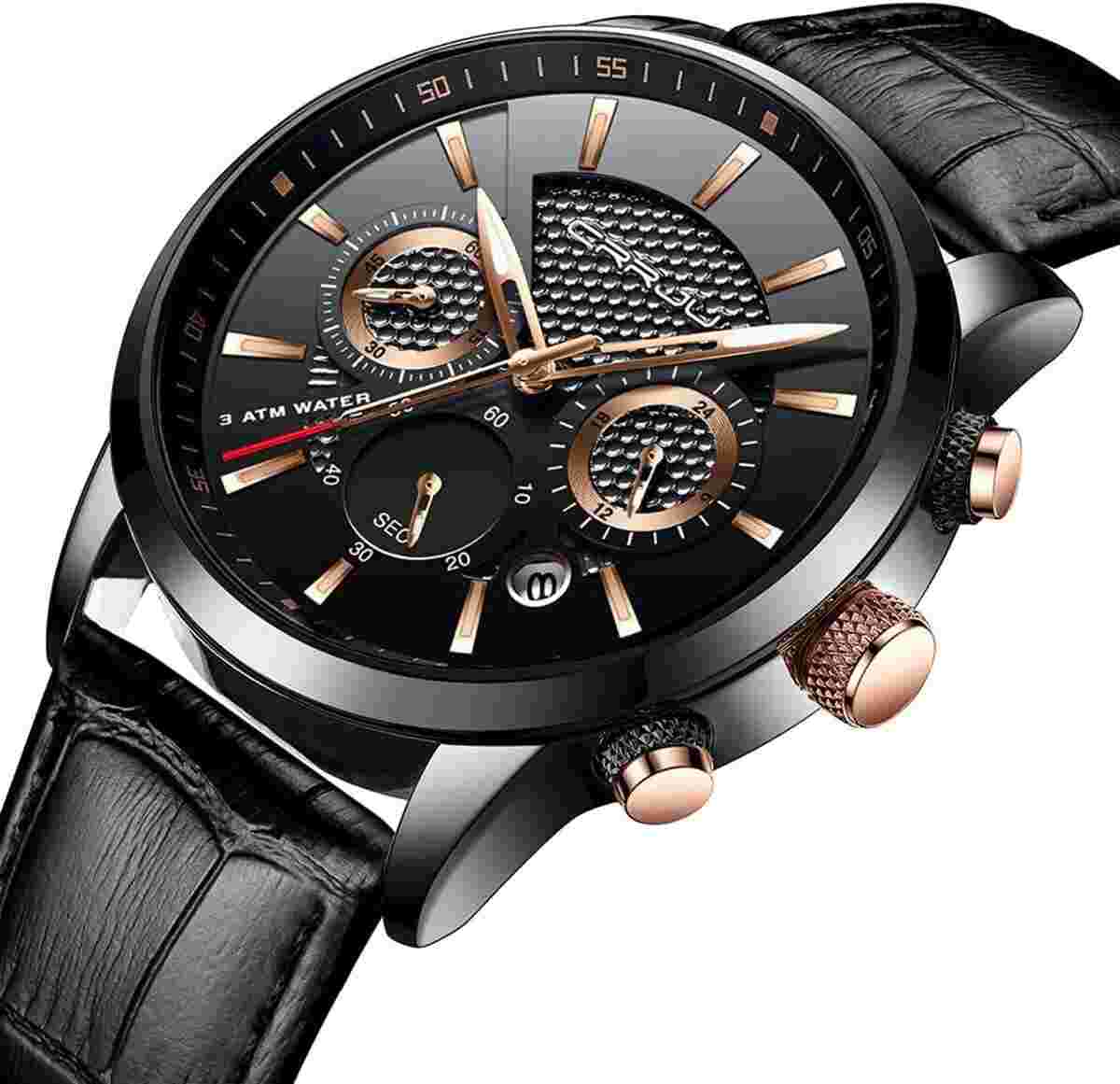 CRRJU Men's Business Casual Chronograph Quartz Waterproof Leather black gold