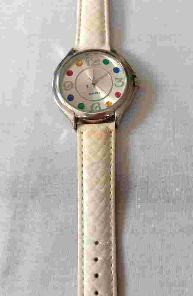 VTG Accutime Tone Watch w/ Jewel Crystals White Leather Band New Battery 7" - 8"