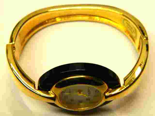 VERY NICE BLACK Lady's cuff/Bangle watch/wristwatch CARDINI GOLD tone MOP face
