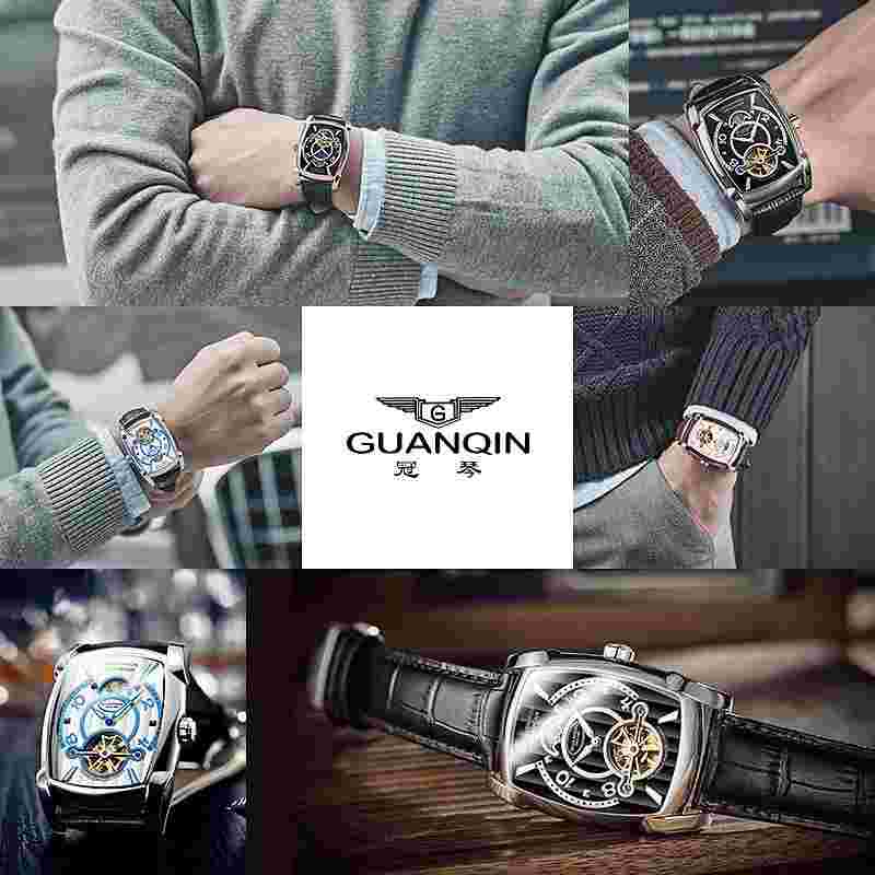 GUANQIN Men Tourbillon Moon Phase Automatic Mechanical Leather Belt Square Watch