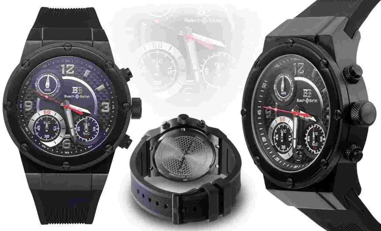NEW Buech & Boilat 14068 Men's Swiss Chronograph Bastone Series All Black Watch