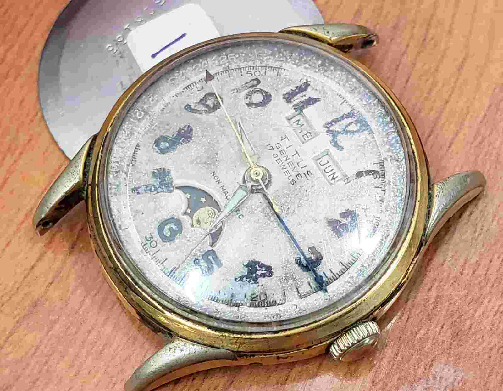 TITUS TRIPLE DATE MOONPHASE VINTAGE MECHANICAL MENS WATCH - NEEDS SERVICE