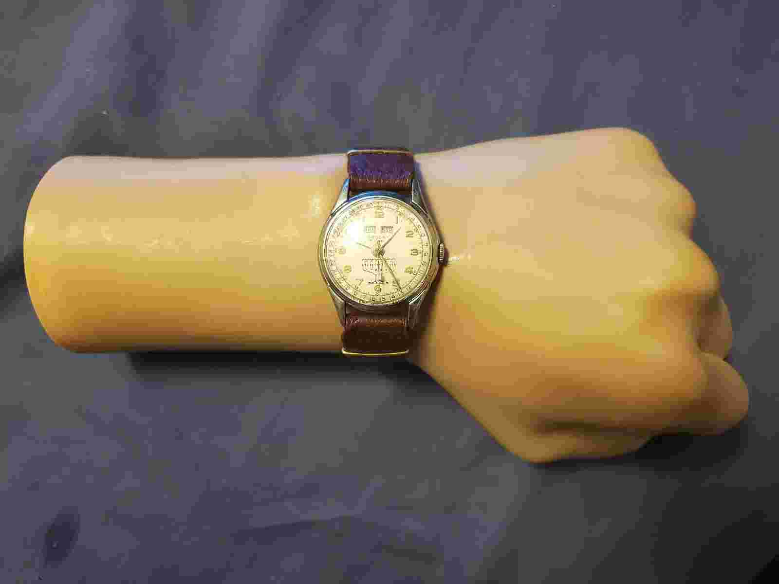 Rare Vintage Crosby 'Triple Date' Manual Wind Men's Watch (Jewish Menorah Candle