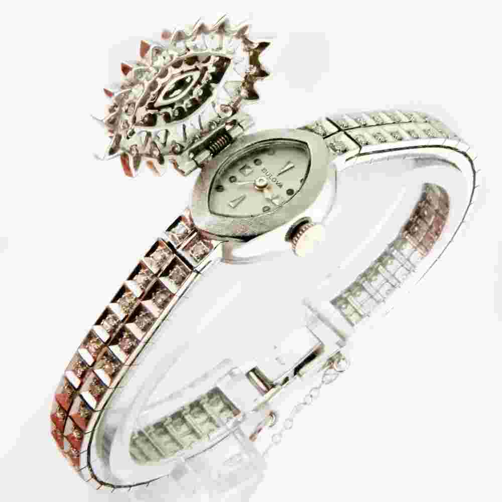 Bulova 14K White Gold Vintage Ladies Diamonds Cocktail Bracelet Watch Flip Cover