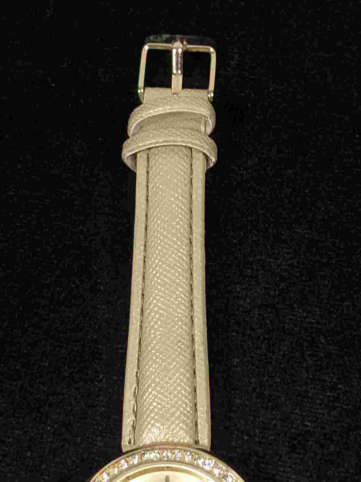 Adrienne Vittadini Womens Beige Faux Leather Gold Tone Crystal Watch