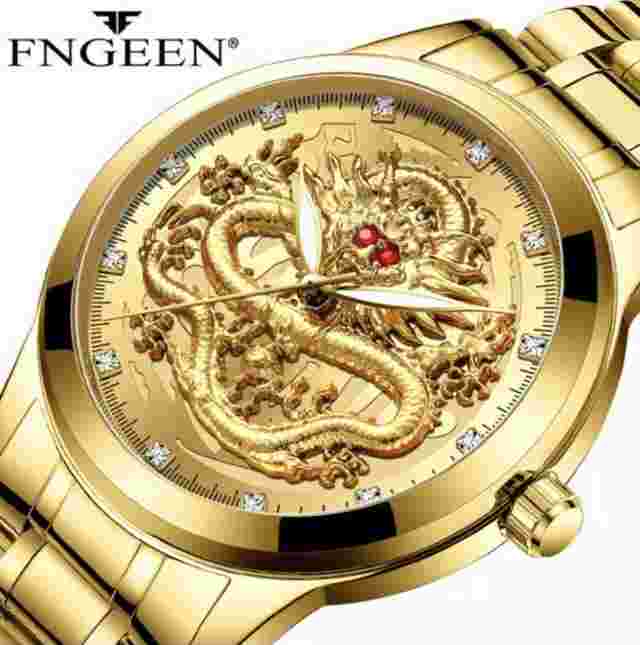 FNGEEN Top Brand Luxury Gold Men Watch Waterproof Dragon Face Full Solid Watch