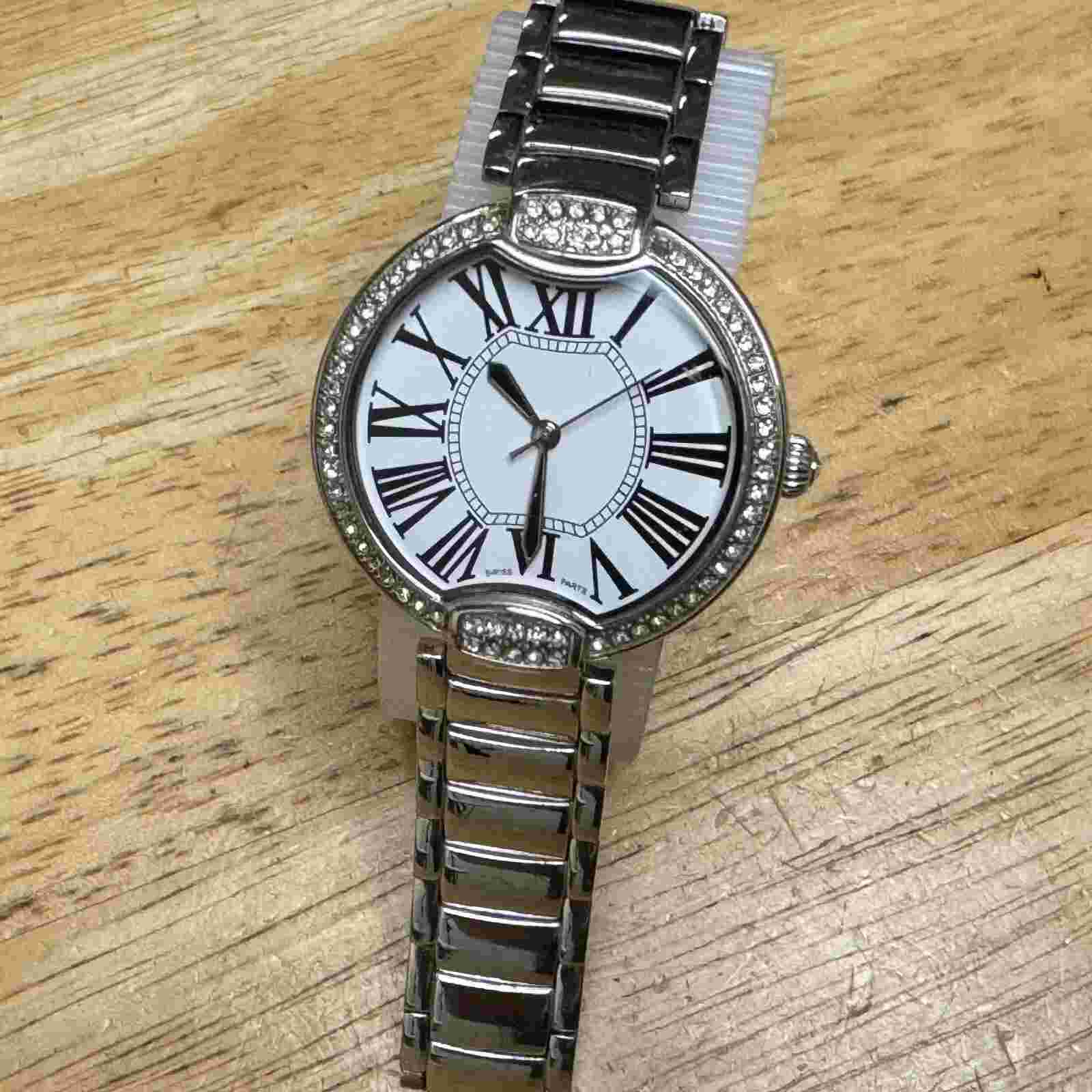 Bronzo Italia Swiss Quartz Watch Women Silver Rhinestone Analog New Battery 6"