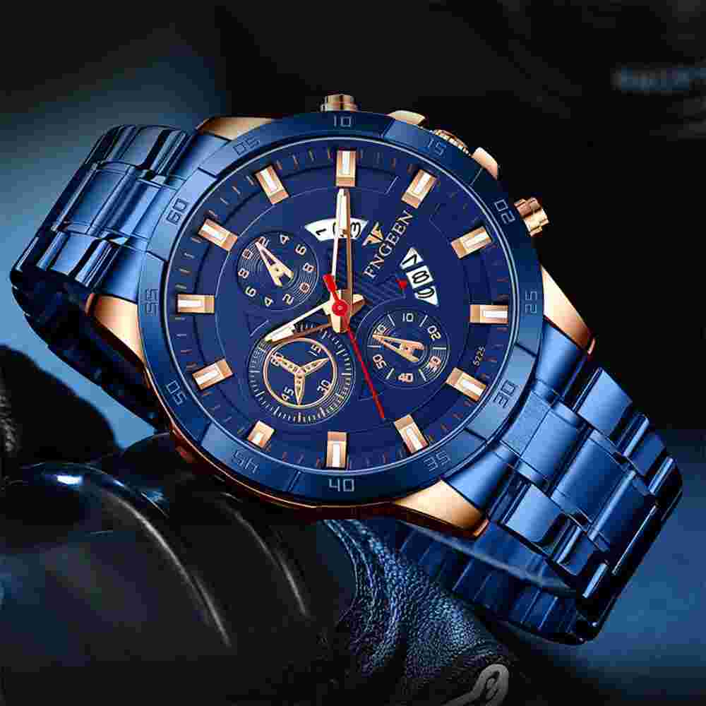 FNGEEN Fashion Luxury Stainless Steel Mens Waterproof Date Quartz Wrist Watches