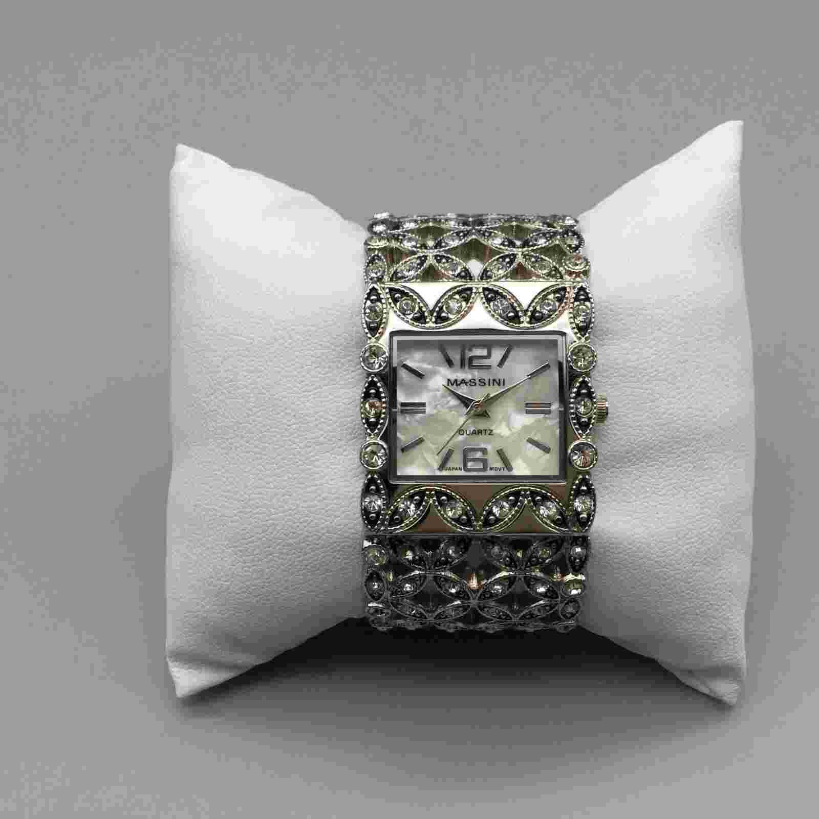 Massini Watch Women 29mm MOP Silver Tone Crystals Open Cuff New Battery