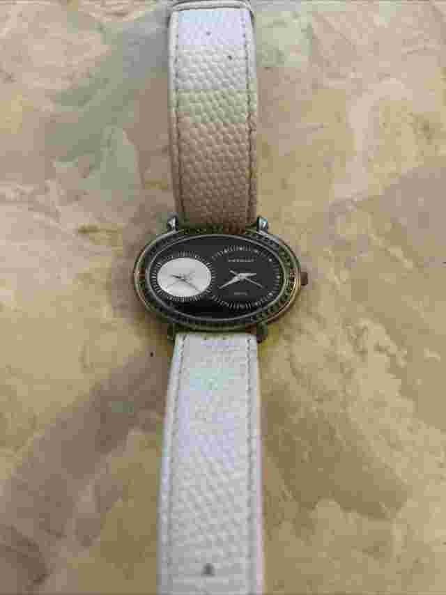 Vernier Watch Oval Shaped White Face Genuine White Leather Band- Needs Battery