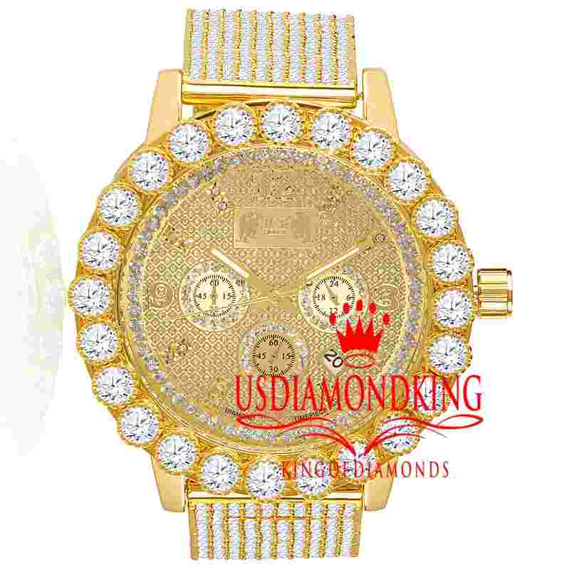 55mm Solitaire Bezel All Gold Tone Real Diamond Steel Mens Watch W/Date