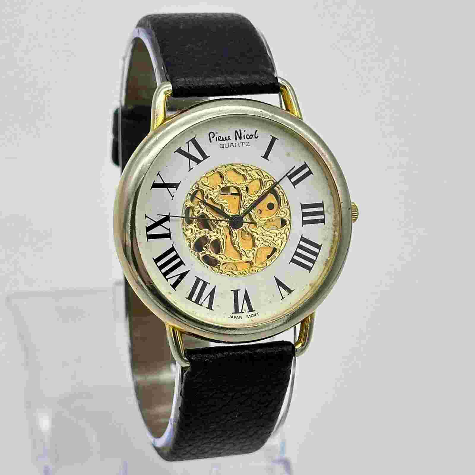 Vintage Ladies PIERRE NICOL Gold Tone Black Leather Skeleton Style Watch, 39mm