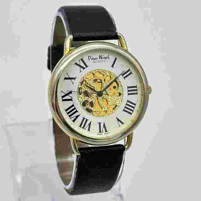 Vintage Ladies PIERRE NICOL Gold Tone Black Leather Skeleton Style Watch, 39mm
