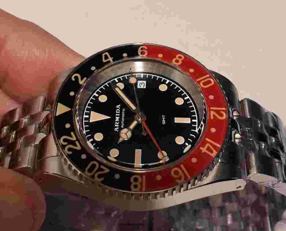 ARMIDA A9 GMT SWISS ETA 2893 AUTOMATIC 300M DIVER, BLACK/RED SAPPHIRE BEZEL, NEW