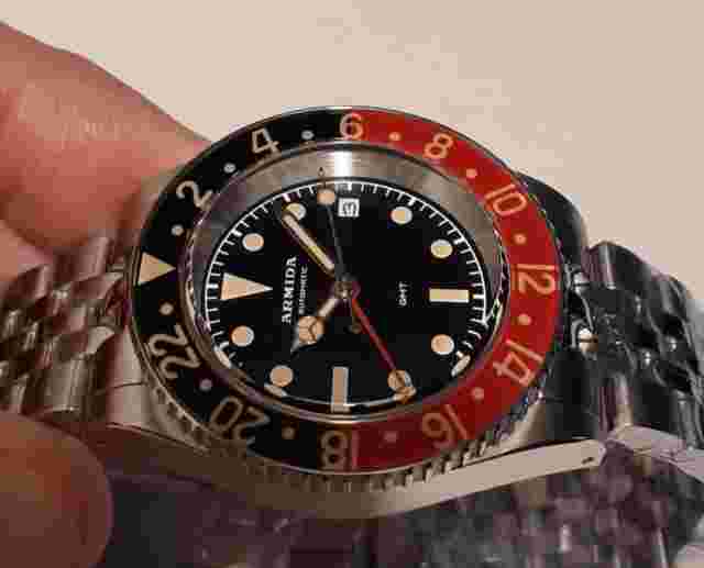 ARMIDA A9 GMT SWISS ETA 2893 AUTOMATIC 300M DIVER, BLACK/RED SAPPHIRE BEZEL, NEW