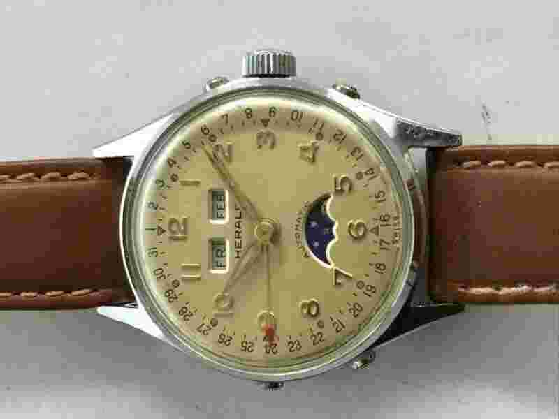 Rare Herald High Class Felsa 693 Bidynator Moonphase Calendar Screw Back Case