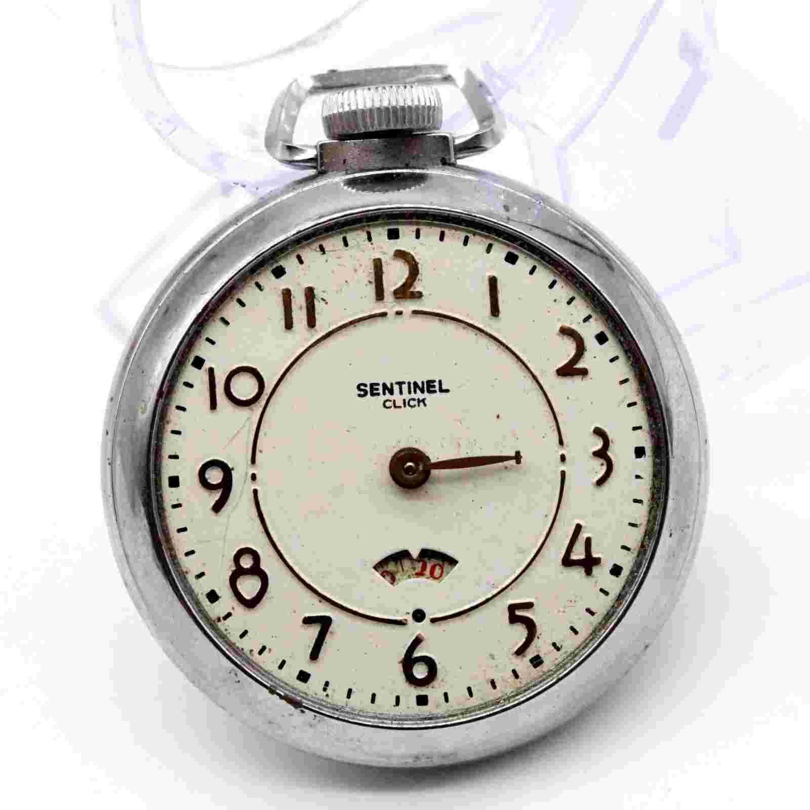 Vintage SENTINEL Pocket Watch Unisex Silver Tone Stainless Steel White Dial 60s