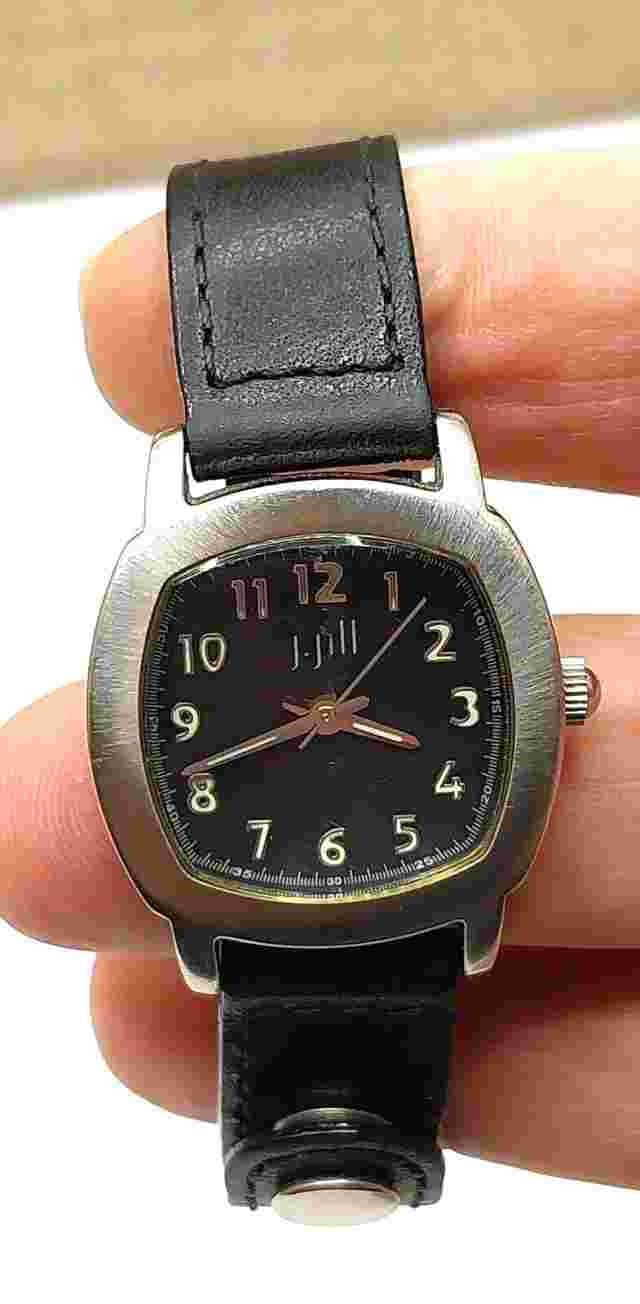 J. Jill Black Dial Silver Tone Square Case Black Leather Snap Adjust Band Watch