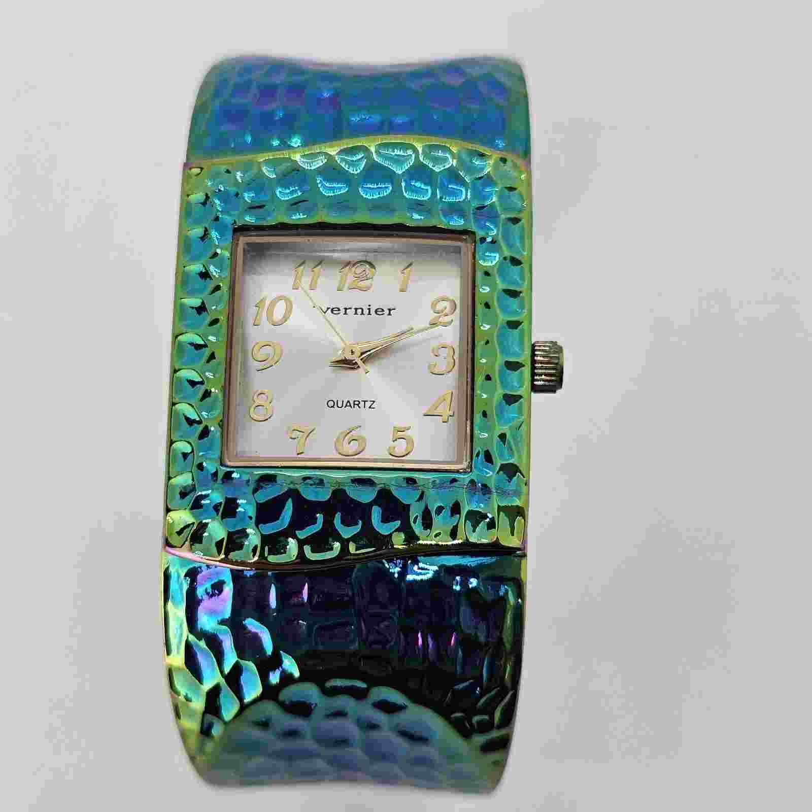 Vernier Woman's Watch Cuff Bracelet Bangle 27MM Colorful Band 5.75" New Battery