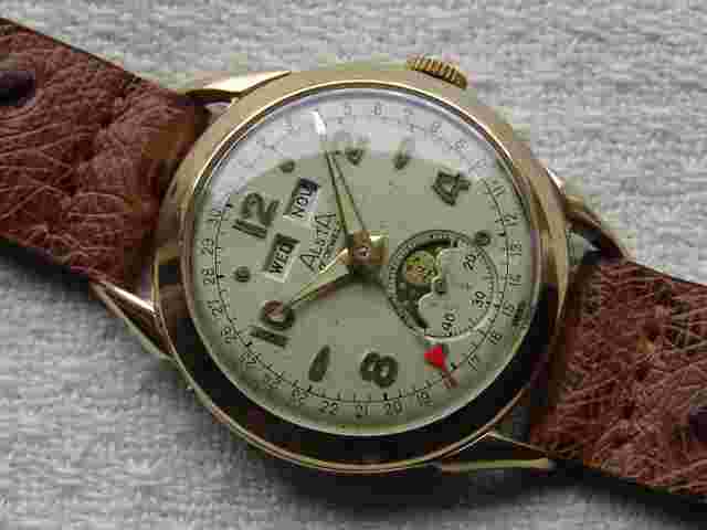 Men's WWII period  ALSTA Triple Date Moon Phase good military style wrist watch