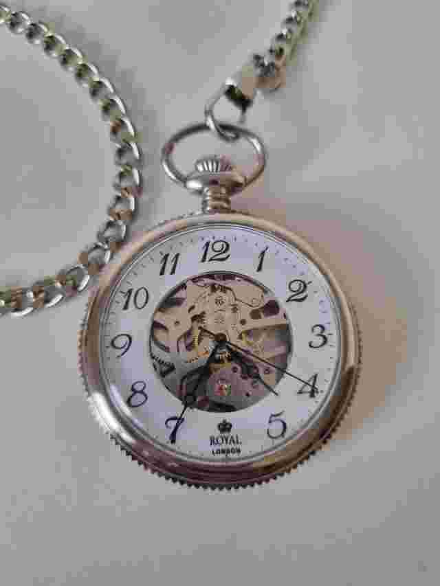 Royal London Pocket Watch Mechanical Skeleton Chain Gothic Vintage Jewellery