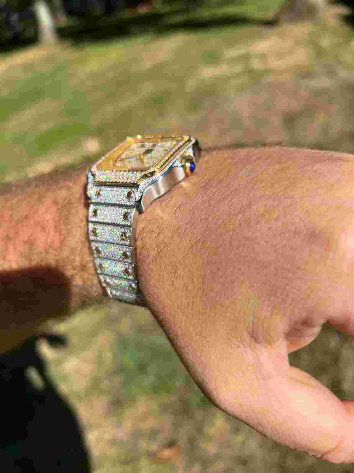 Real MOISSANITE Watch Iced Automatic Movement Gold Two Tone Hip Hop Arabic Out