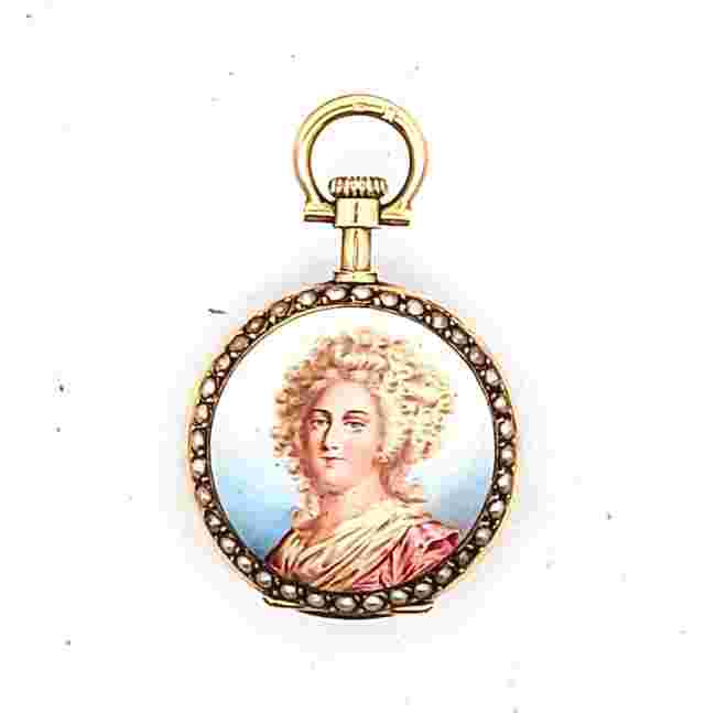 Antique 18K Yellow Gold Enamel Seed Pearl Pocket Watch AS IS