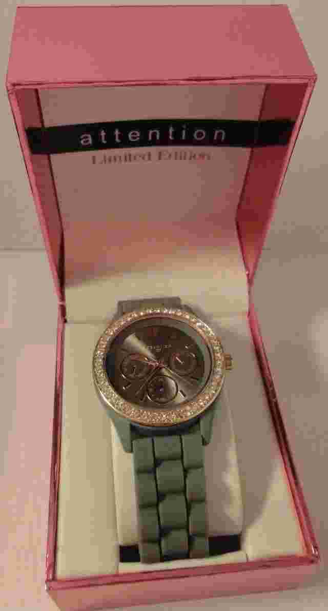 Attention Ladies' Rubber Bracelet Grey Watch w/ Swarovski Crystals