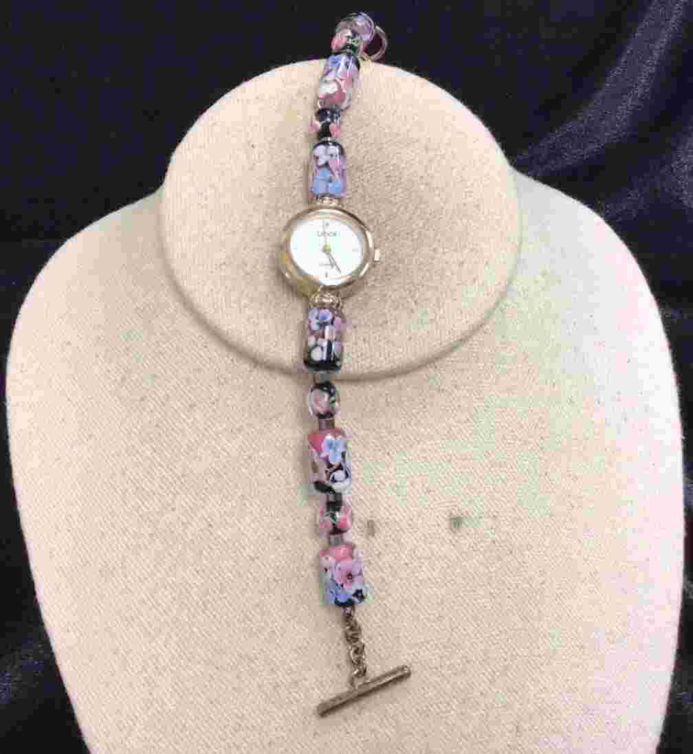 Lenox Ladies Sterling & Stainless Steel Glass Beaded Wrist Watch "As Is" W335