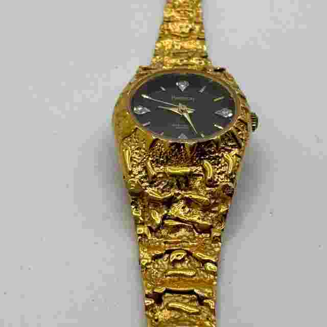 VTG Armitron Diamond Quartz Watch Women Gold Nugget Tone Analog New Battery 7"