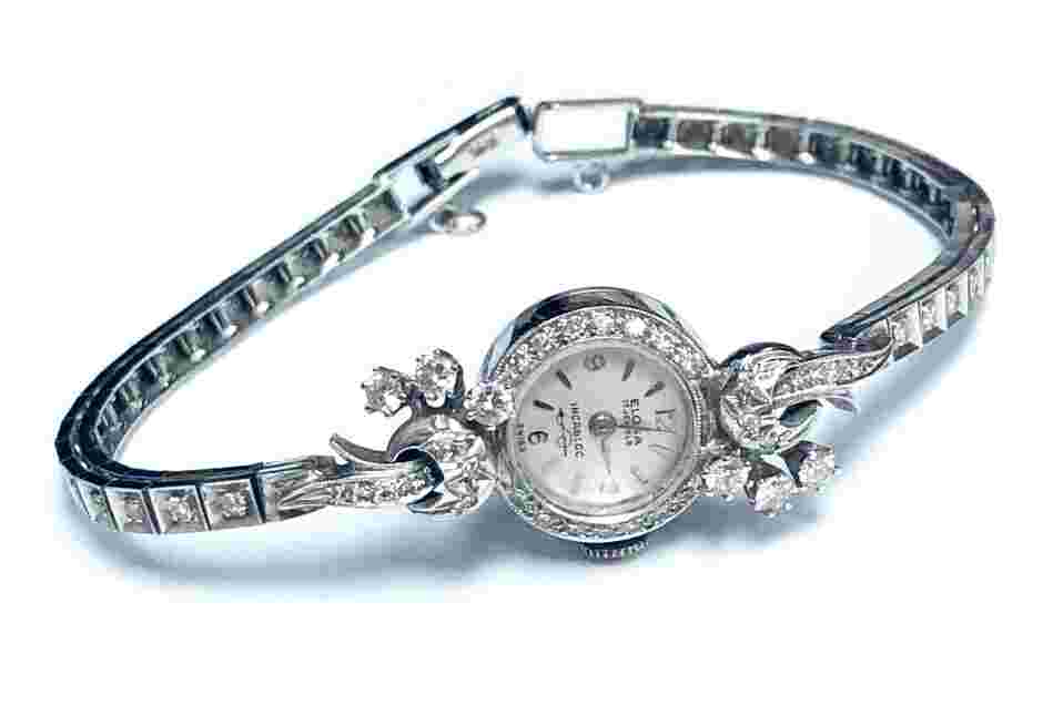 Vintage Women's 14k White Gold Eloga Watch with Diamonds 17 Jewels