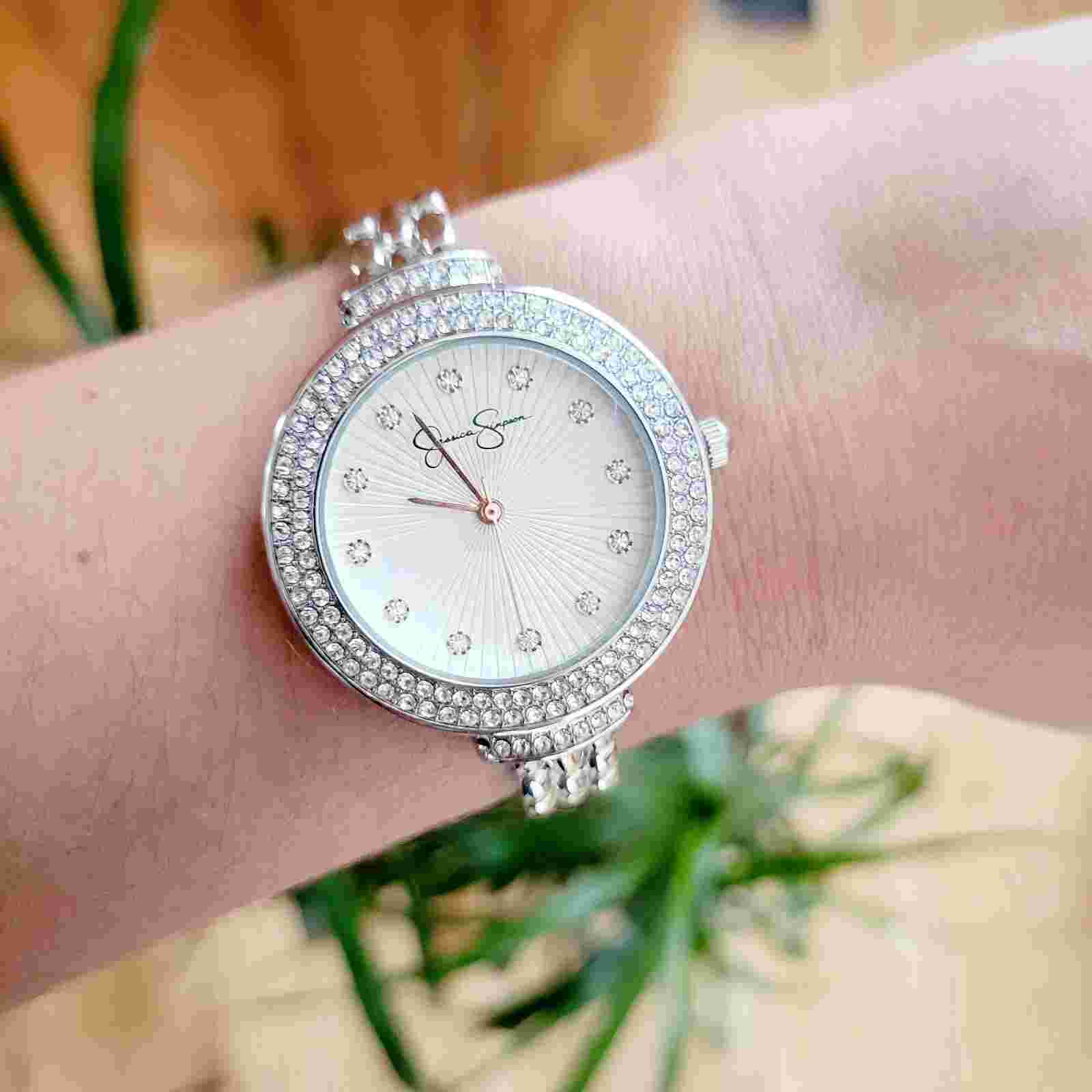 Classic Jessica Simpson Silver Rhinestone Watch with Rose Gold Indices
