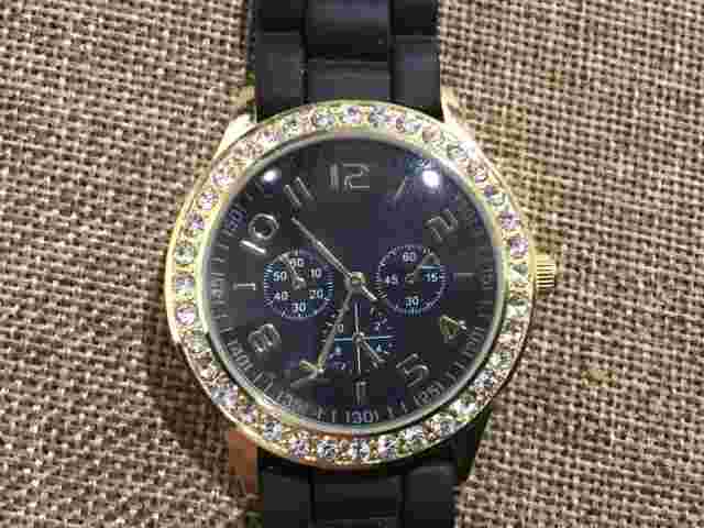 Darice Women Wrist Watch Rhinestone Face Golden Tone Bezel Black Silicone Band