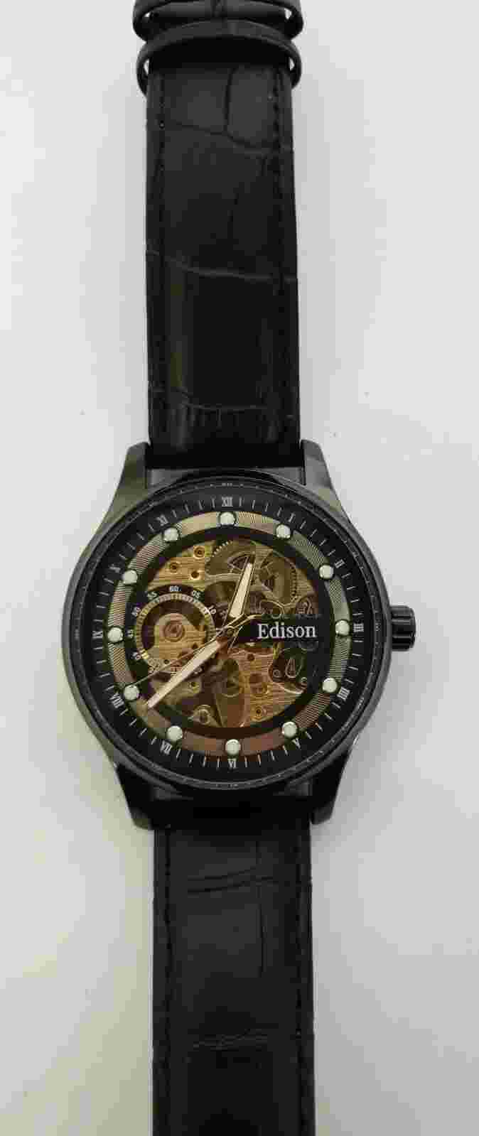 WA2#Edison Mens Automatic Moonphase Watch With Skeleton Dial Black Leather Strap