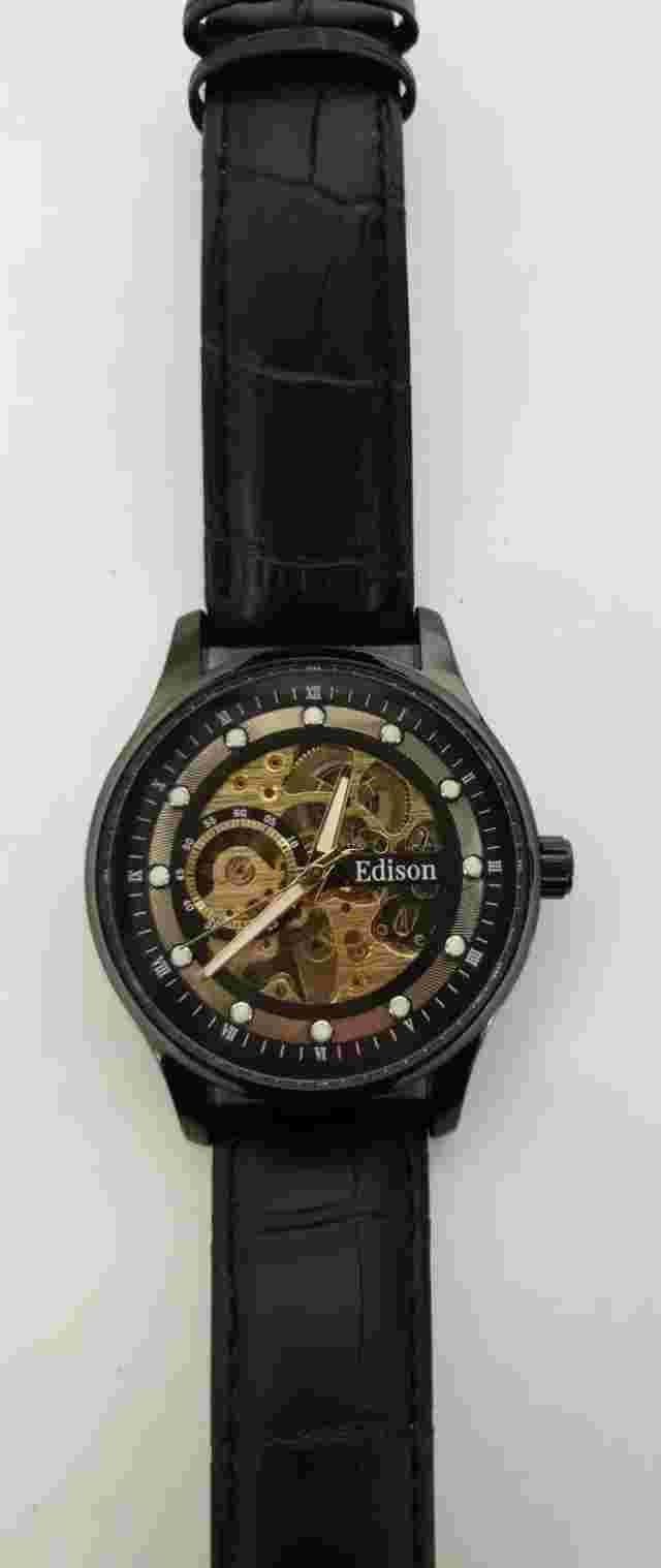 WA2#Edison Mens Automatic Moonphase Watch With Skeleton Dial Black Leather Strap