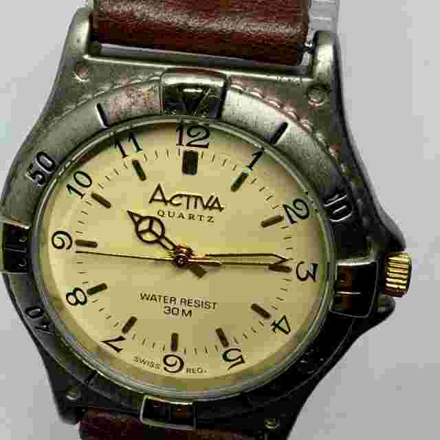 VTG Activa By Invicta Swiss Quartz Watch Men Silver Beige Leather New Battery