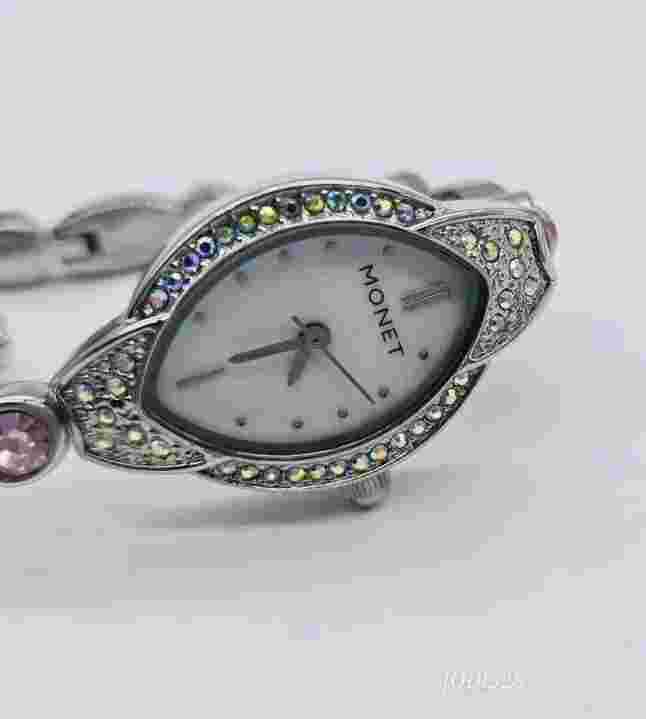 MONET Watch Pink Crystal Bracelet Band Watch Silver tone 7.5 in New Battery RARE