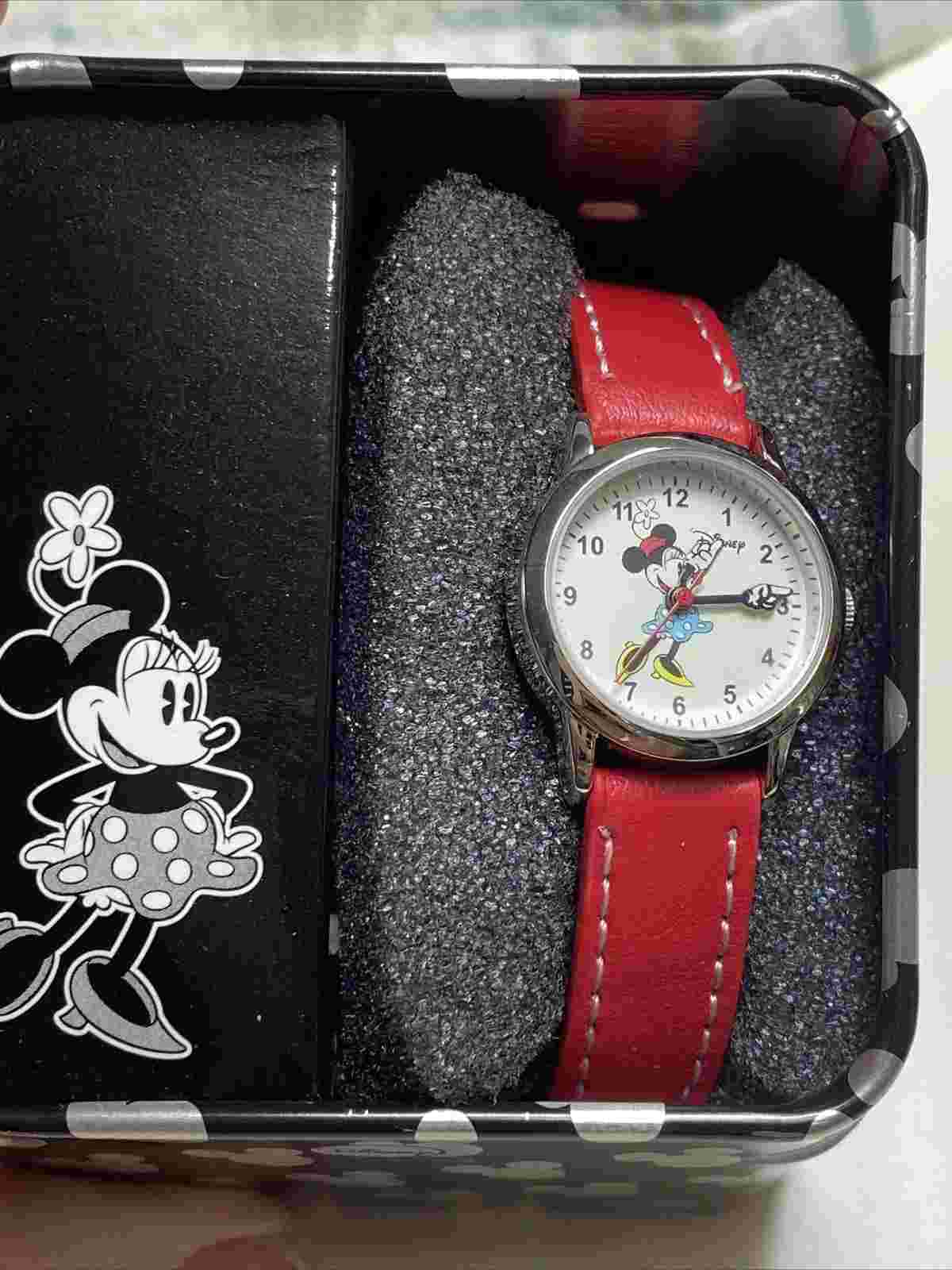 Disney Women Girl Teen Minnie Mouse White Face Red Band Wrist Watch Crystal Gift