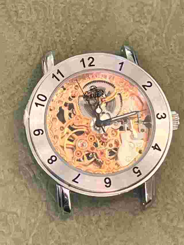 SUG AUTOMATIC SKELETON GOLD TONE WATCH 21 JEWELS MOVEMENT BLUE LEATHER