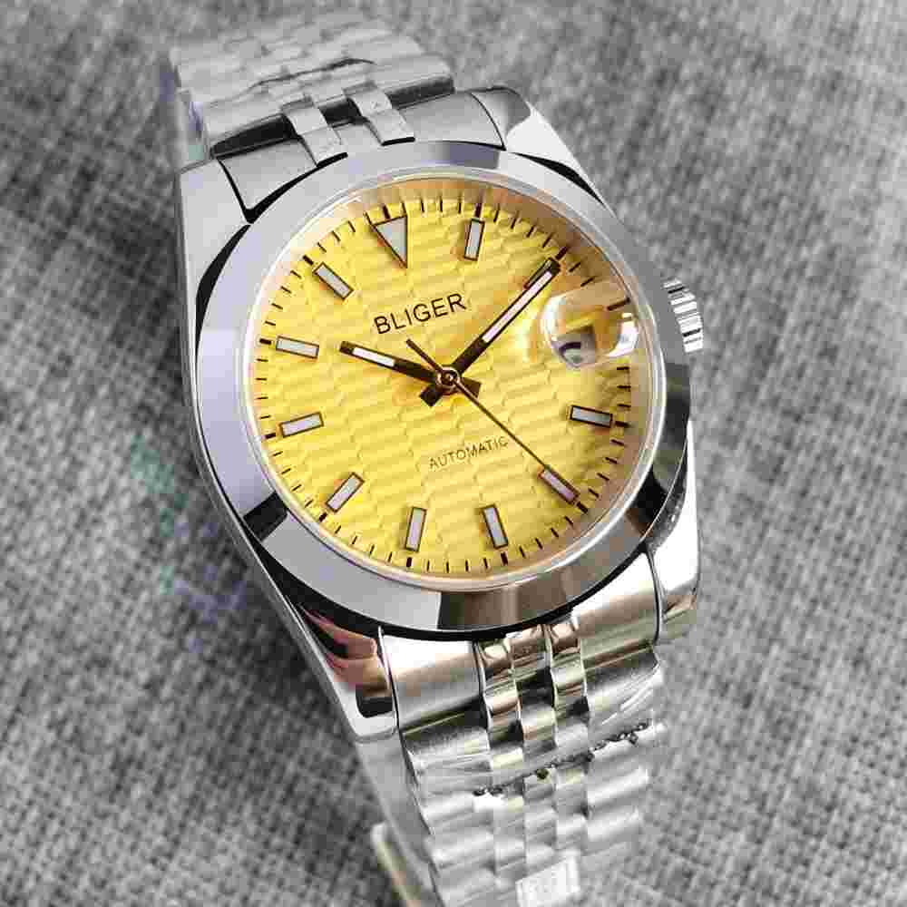 BLIGER Yellow Dial Polished Automatic Men Watch 24 Jewels NH35A Sapphire Glass