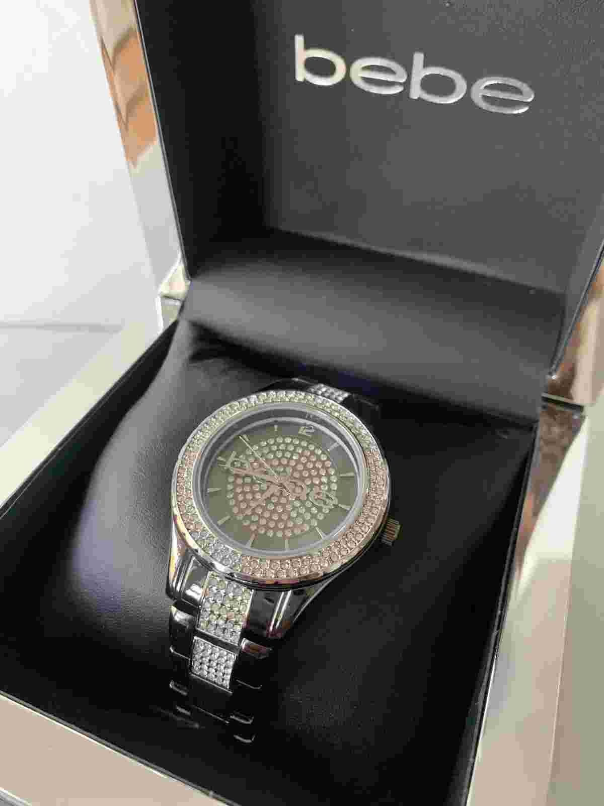 NIB BEBE Comfortable Black Silver Diamond Studded-Tone Women's Watch