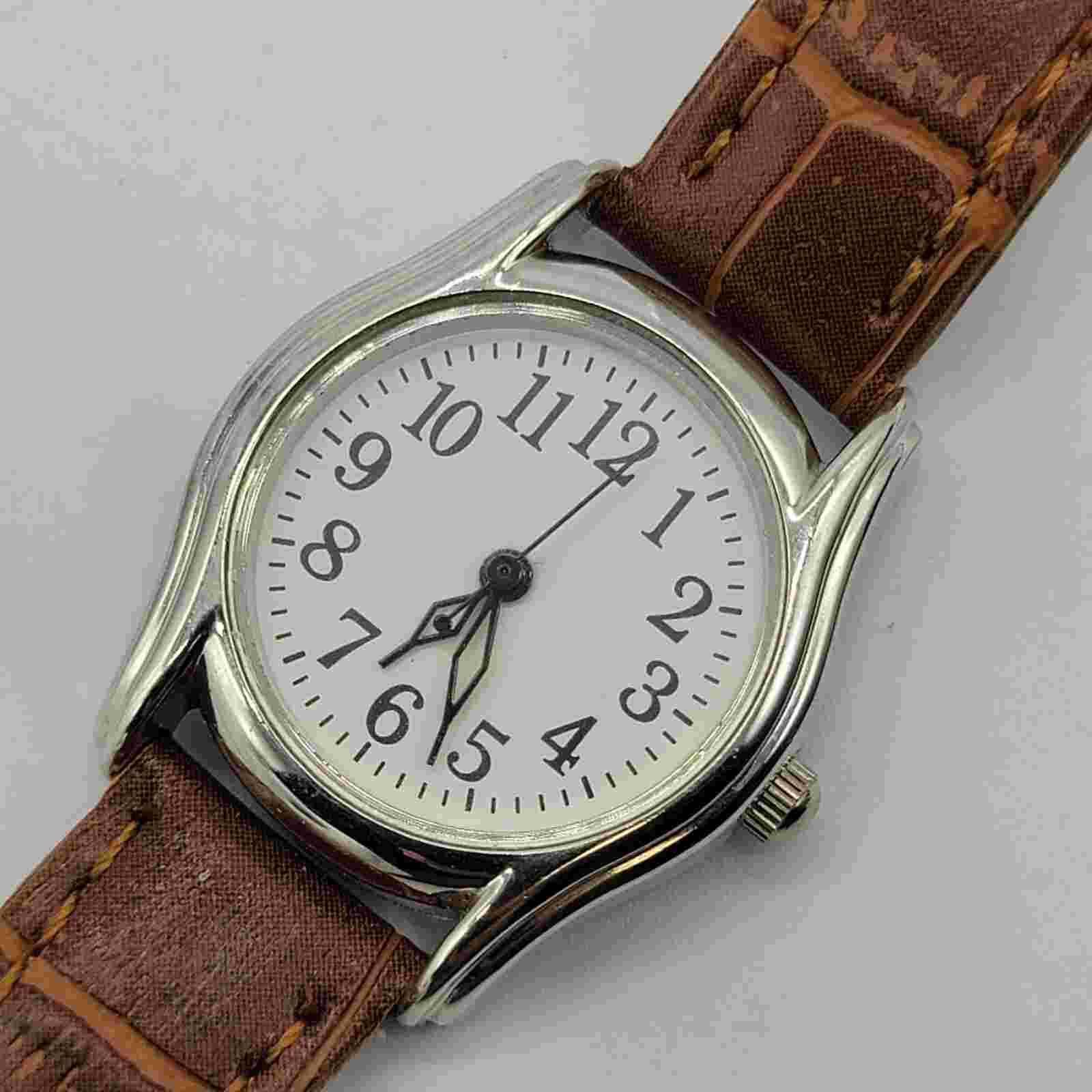 Calvin Hill Women Watch 26mm Silver Tone Brown Leather Band New Battery *