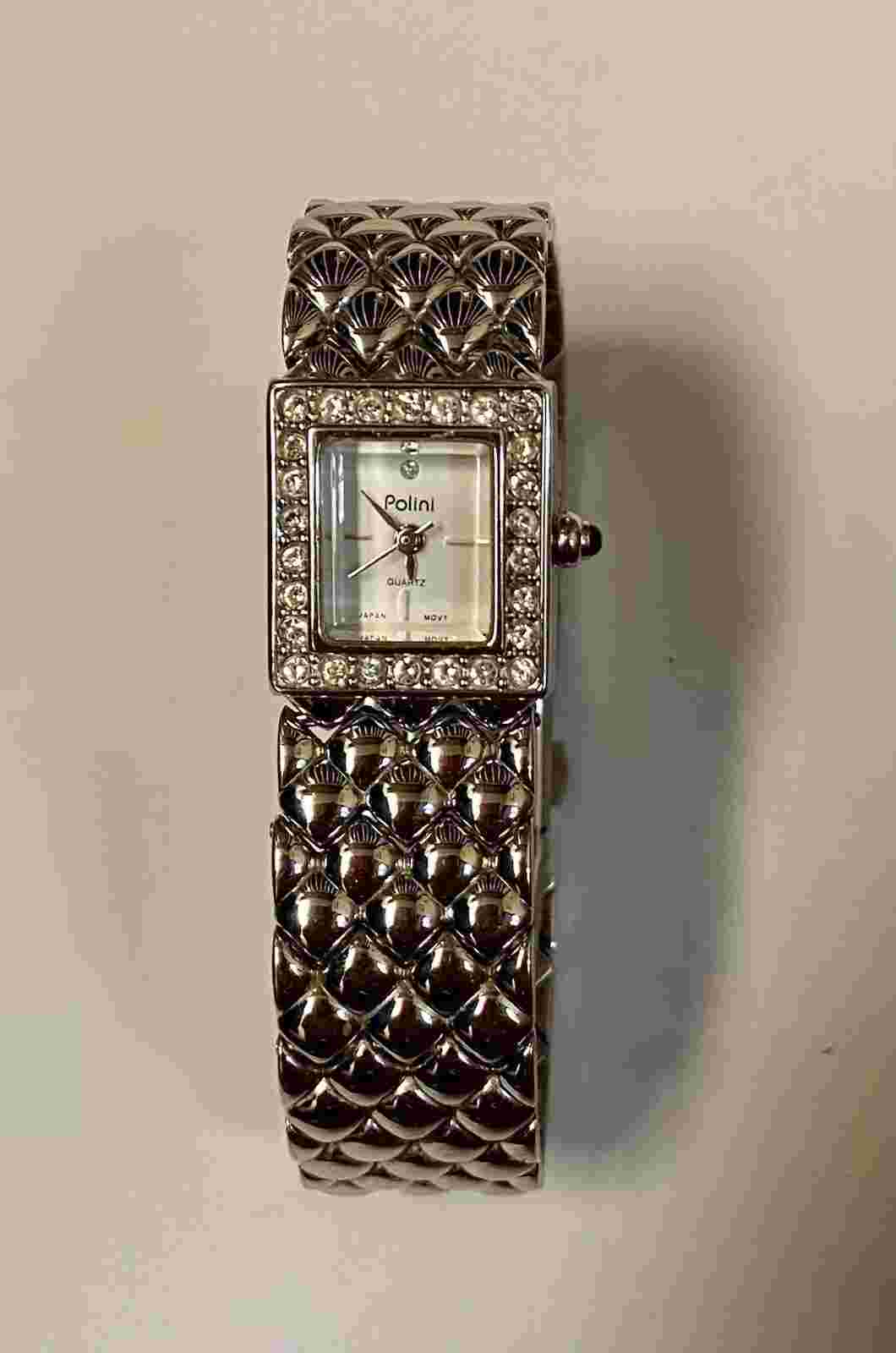 POLINI Ladies Watch Crystal Iced Silver Band New Battery Fits To 7-1/2” Wrists