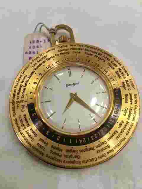 NEIMAN MARCUS WORLD TIME POCKET WATCH LUXOR, GOLD PLATED C. 1960's