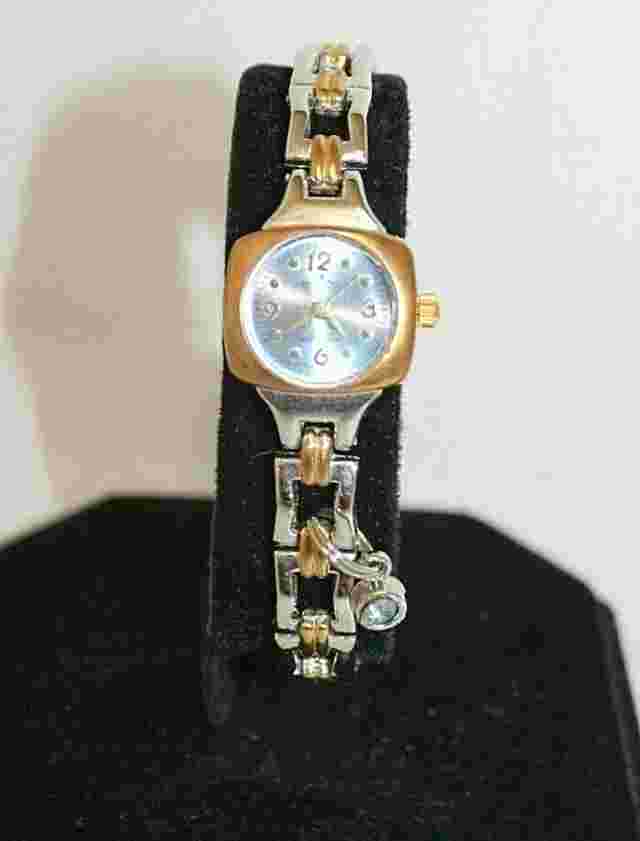 DENACCI GOLD & SILVER WRIST WATCH STAINLESS STEEL BACK 8" LONG BLUE BLING CHARM