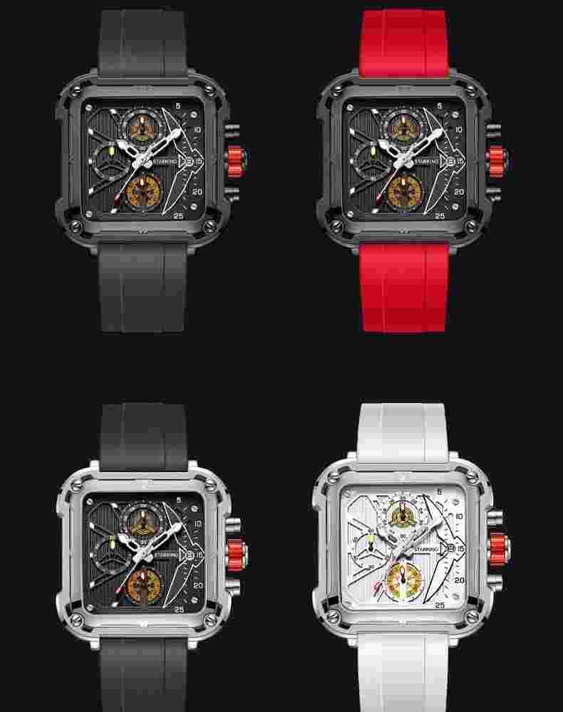 Men's Square Quartz Chronograph Watches Analog Waterproof Luminous Rubber Strap
